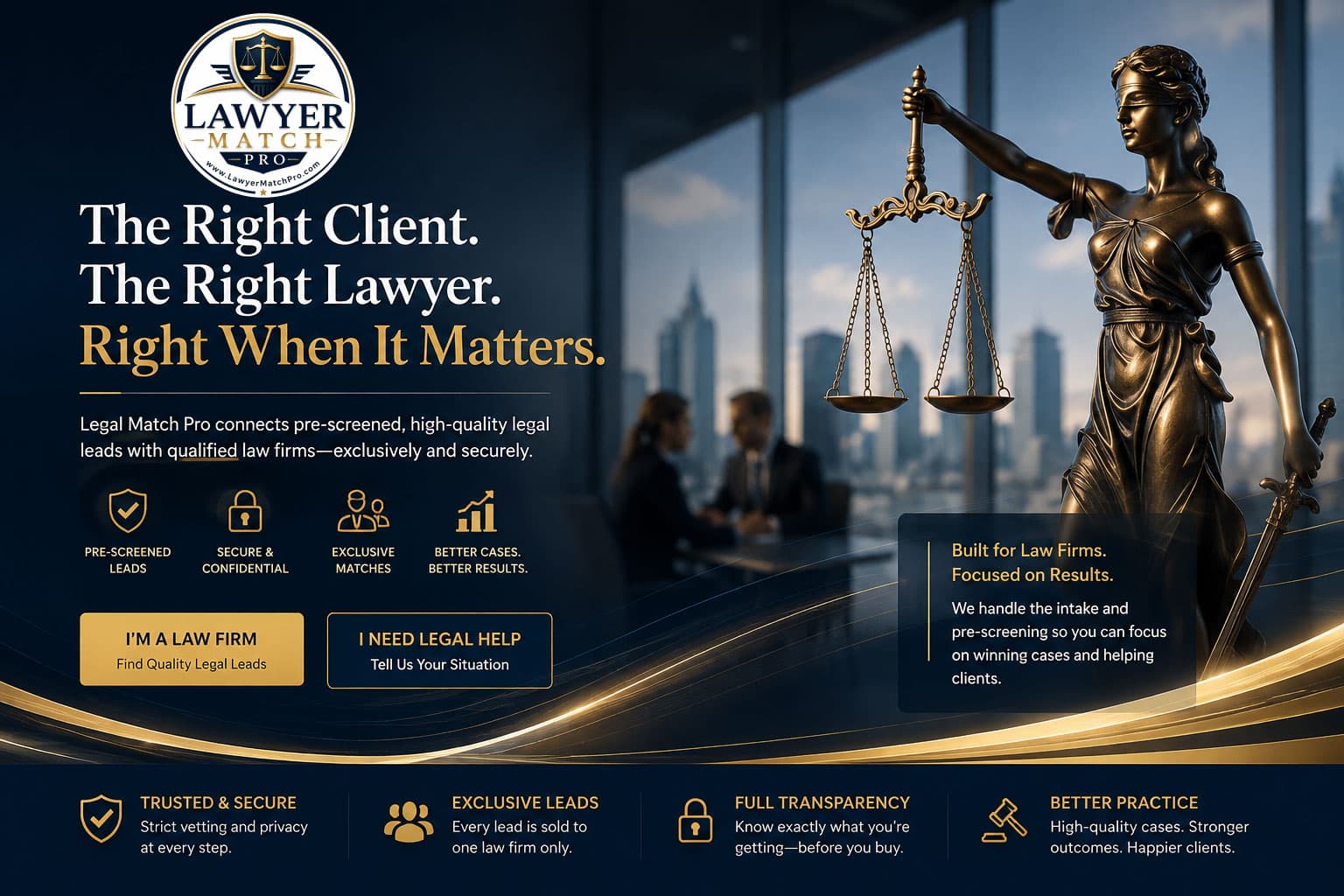 Lawyer Match Pro — The Right Client. The Right Lawyer. Right When It Matters.